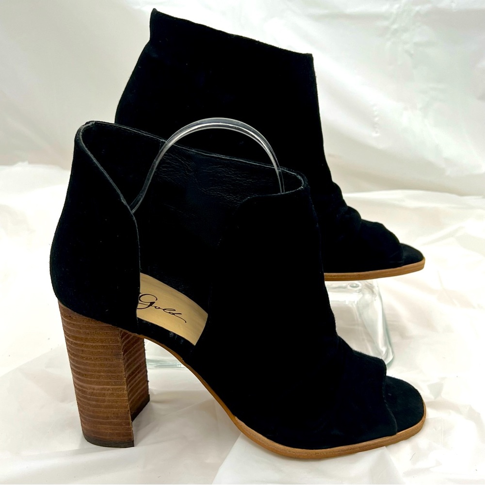 42 GOLD Black Suede Open-Peep Toe Cutout Ankle Booties